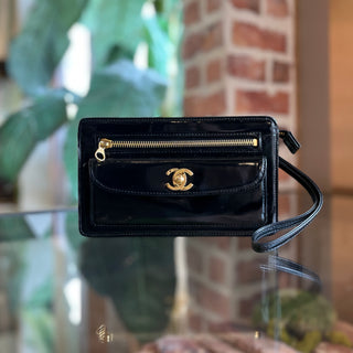 CHANEL Vintage Black Patent Leather Wristlet Clutch Bag