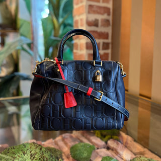CAROLINA HERRERA Boston Navy Blue Embossed Leather Satchel Bag