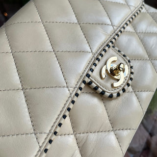 CHANEL Single Flap Whipstitch Beige Lambskin Shoulder Bag