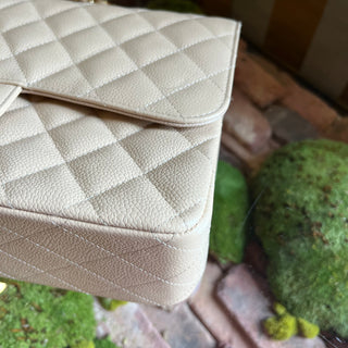 CHANEL Jumbo Double Flap Beige Caviar Quilted Leather Shoulder Bag