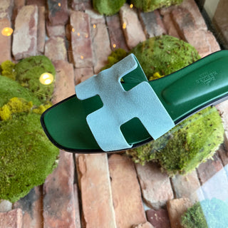 HERMES Oran Blue Suede Bicolor Bleu Minéral Sandals SZ39.5(9.5US)