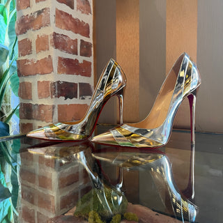 LOUBOUTIN Eklectica 85 Silver/Gold Patent Leather Pumps SZ 38.5 (US 8.5)