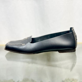 CHANEL Square Toe Black Leather Flats 37.5