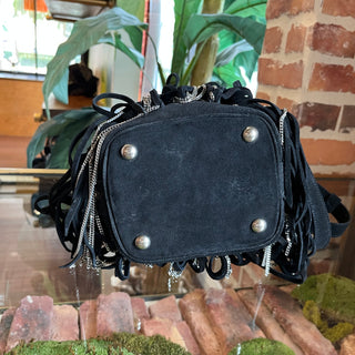 SAINT LAURENT Emmanuelle Large Fringe Black Suede Bucket Bag
