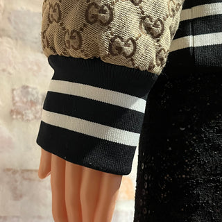 GUCCI Beige GG Monogram Canvas Black Nylon Zipper Striped Jacket SZSM
