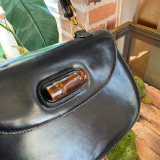 GUCCI Vintage Bamboo 1947 Navy Blue Leather Top Handle Bag