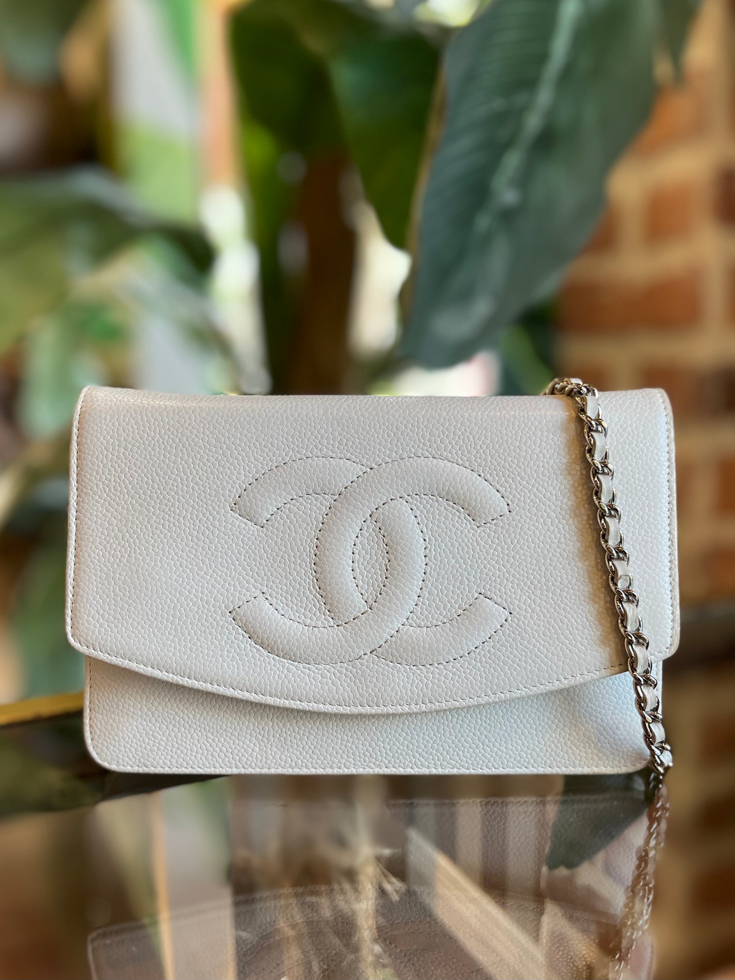 Chanel White Calfskin Quilted Leather Pearl Mini Wallet On Chain