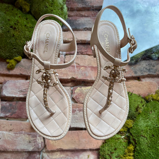 CHANEL Quilted CC Beige Lambskin Leather Sandals SZ 35 (US 5)