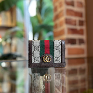 GUCCI Ophidia Brown GG Supreme Monogram Textured Dollar Calfskin Web Card Case