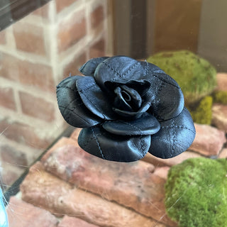 CHANEL Leather Camelia Brooch Pin