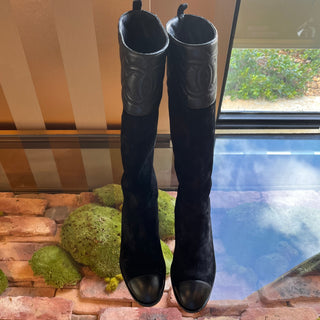 CHANEL Black Leather Suede CC Mid Calf Boots SZ 36.5 (US 6.5)