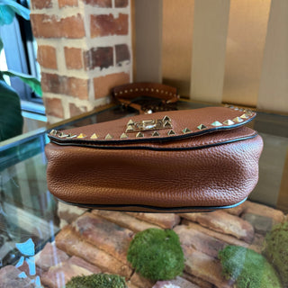 VALENTINO Brown Leather Rockstud Flap Crossbody