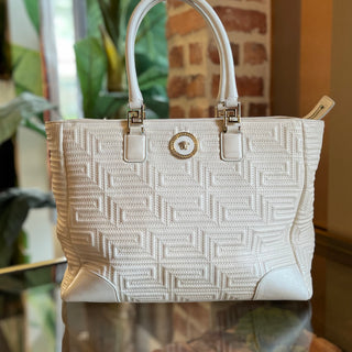 VERSACE White Greca Embroidered Leather Zip Tote