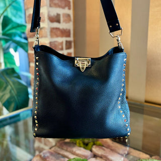 VALENTINO Pebbled Leather Rockstud Flat Hobo Bag