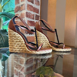 SAINT LAURENT Cassandra Brown Leather Raffia Wedges SZ 41 (US 11)