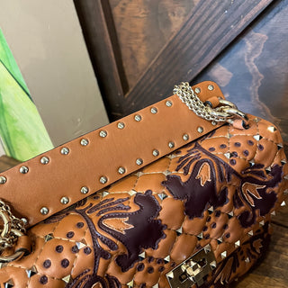 VALENTINO Brown Embroidered Leather Rockstud Crossbody