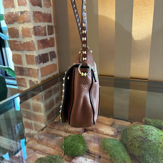 VALENTINO Brown Leather Rockstud Flap Crossbody