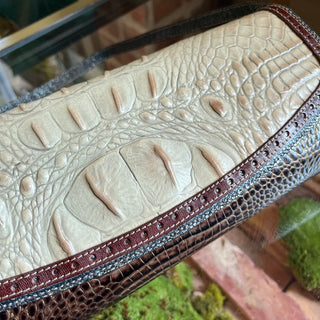 BRAHMIN Brown Vintage Croc Embossed Leather East West Shoulder Bag