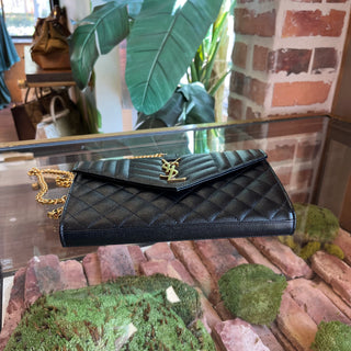 SAINT LAURENT Envelope Wallet On Chain Black Triquilt Grain De Poudre Leather Crossbody