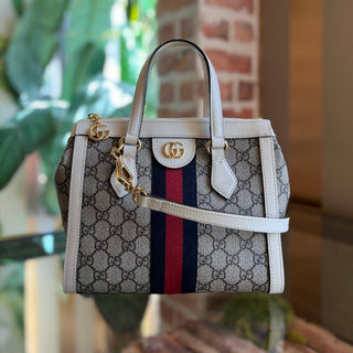 GUCCI Ophidia Small GG Supreme Monogram Textured Dollar Calfskin Web Tote Bag