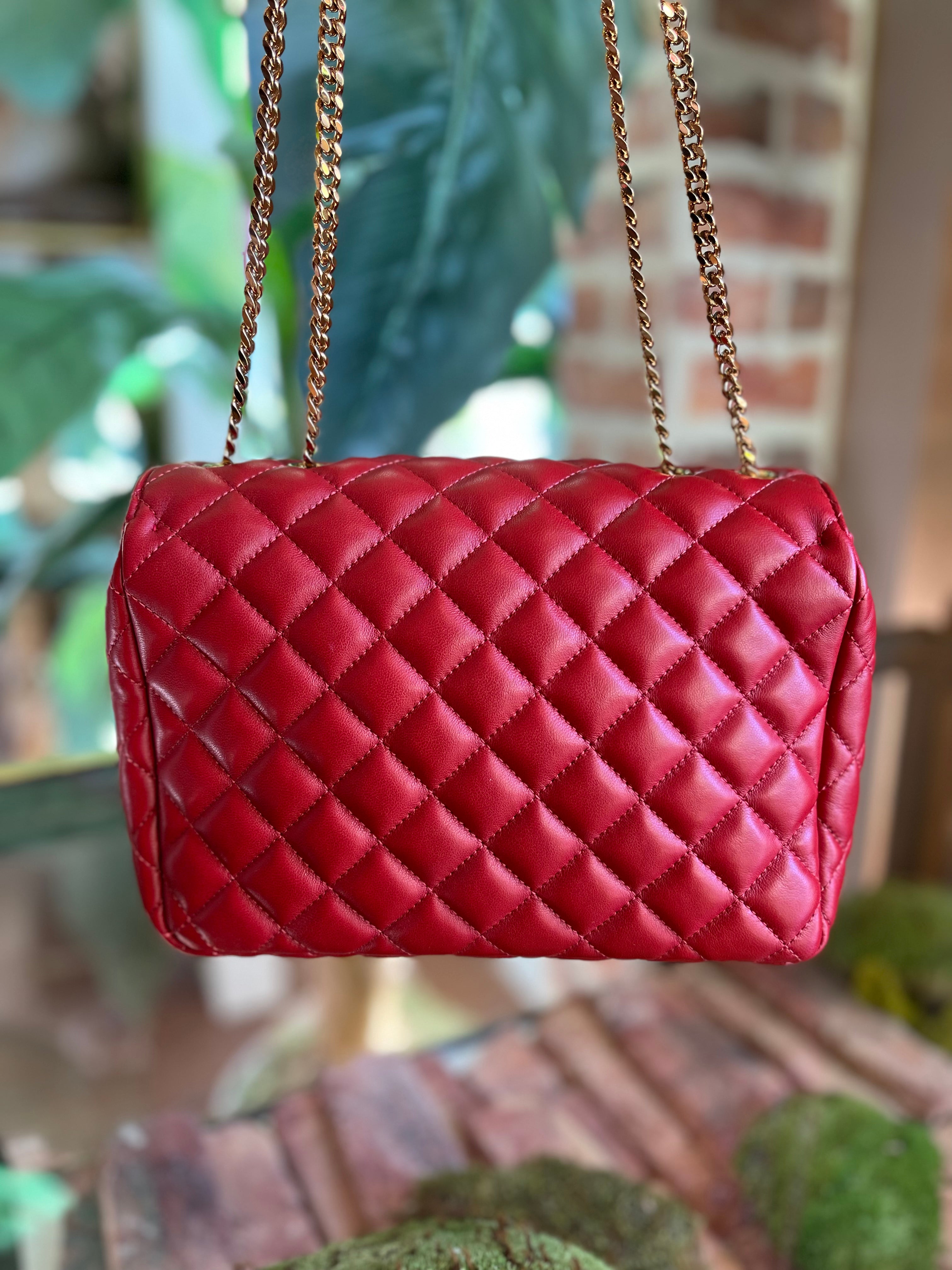 Versace Red Quilted Leather Gold Medusa Head Flap Crossbody Bag