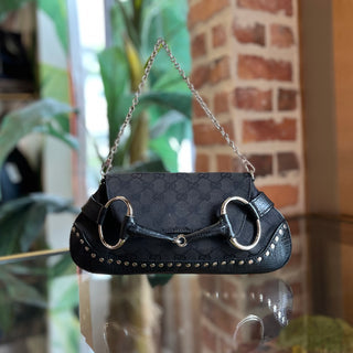 GUCCI Black GG Canvas Horsebit Studded Chain Shoulder Bag