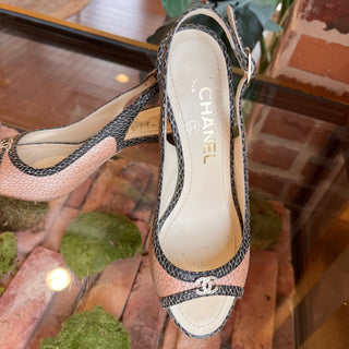 CHANEL CC Lace Pink/Black Leather Heels SZ 36.5 (US 6.5)