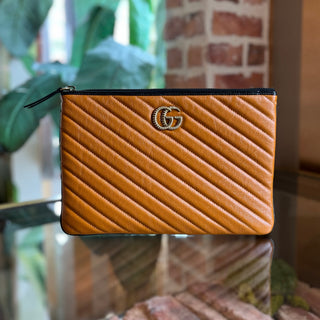 GUCCI Torchon GG Marmont Small Cognac Calfskin Matelasse Diagonal Clutch