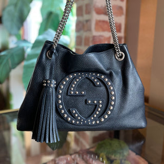 GUCCI Soho Studded Black Pebbled Calfskin Leather Chain Tote Bag