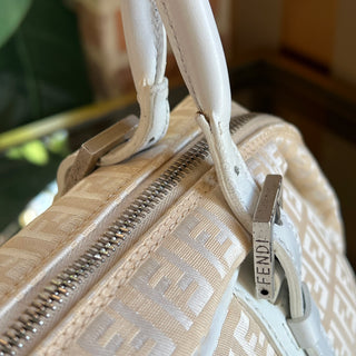 FENDI Light Beige White FF Zucchino Zip Satchel Bag