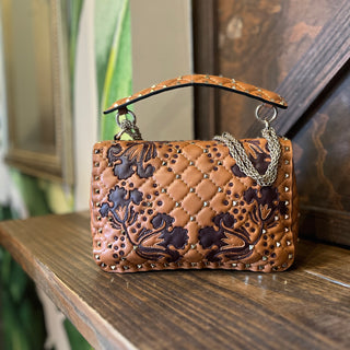 VALENTINO Brown Embroidered Leather Rockstud Crossbody