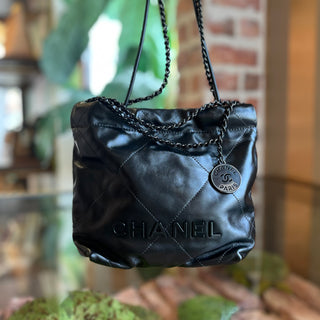 CHANEL 22 Mini Black Shiny Calfskin Tote Bag