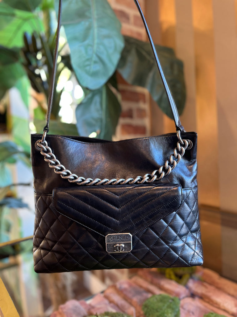 CHANEL Black Aged Calfskin Quilted Mad About Quilting Shoulder