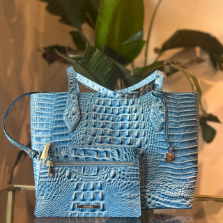 BRAHMIN Athena Tote Blue Melbourne Croc Embossed Leather Tote Bag