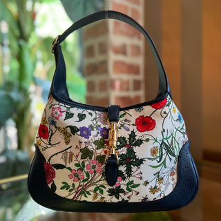 GUCCI Jackie Medium Flora Canvas Leather Hobo Blue Agata