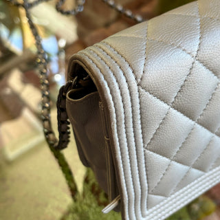 CHANEL Boy Silver Caviar Leather Wallet on Chain Bag