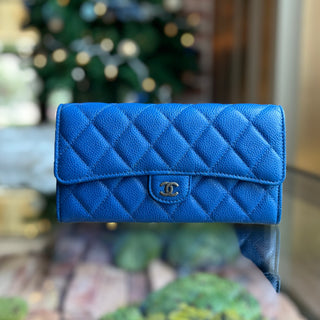 CHANEL Large Gusset Flap Blue Caviar Quilted Wallet