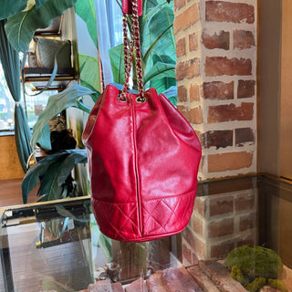 CHANEL Vintage Red Lambskin Leather Bucket Bag