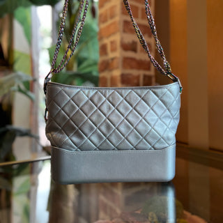 CHANEL Small Gabrielle Blue Iridescent Quilted Calfskin Leather Hobo Bag