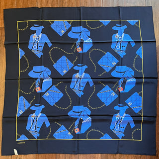 CHANEL Mademoiselle Chain Blue Black Silk Vintage Scarf