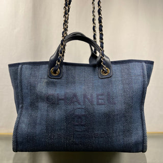 CHANEL Deauville Medium Navy Blue Striped Woven Straw Raffia Tote