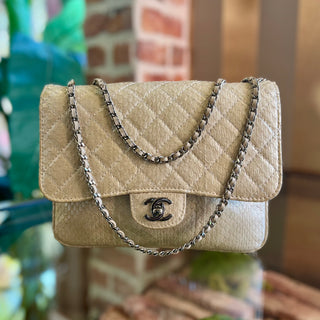 CHANEL Accordian Beige Python Flap Shoulder Bag