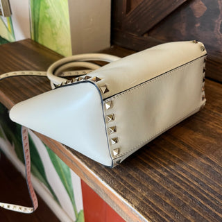 VALENTINO Trapeze Small White Calfskin Leather Rockstud Tote