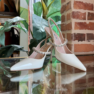 MIUMIU White Crystal Strap Patent Leather Slingback Heels SZ38(8US)