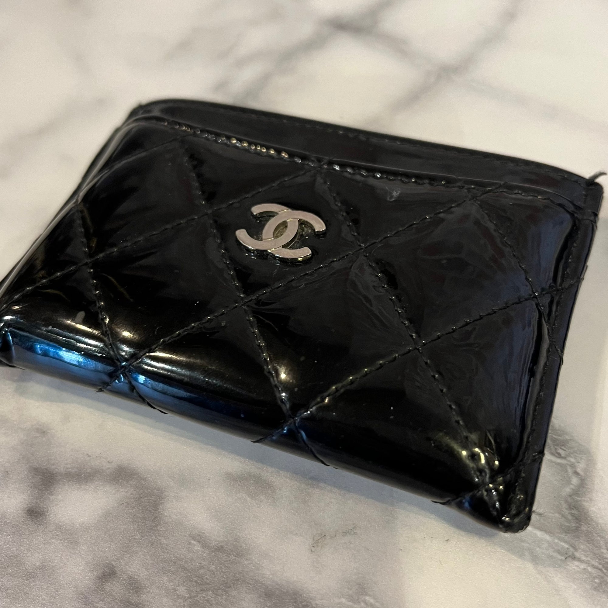 CHANEL Patent Card Wallet Black