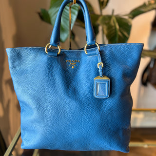 PRADA Blue Vitello Daino Leather Tote