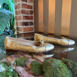 CHANEL Cap Toe Gold Lambskin Leather Sequin Flats SZ 39 (US 9)
