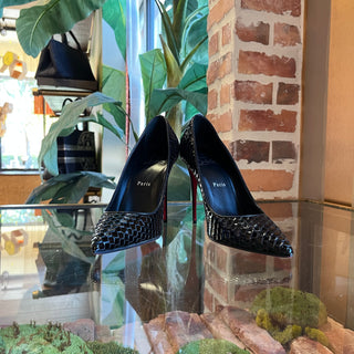 CHRISTIAN LOUBOUTIN Kate 100 Black Scale-Embossed Patent Leather Pumps SZ38