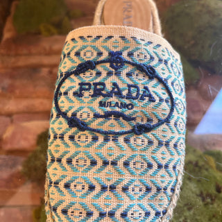 PRADA Blue Nastro Jacquard Embroidered Logo Slip On Espadrilles SZ 39 (US 9)