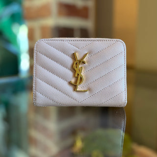 SAINT LAURENT Cassandre Matelassé Dark Beige Grain De Poudre Leather Compact Wallet